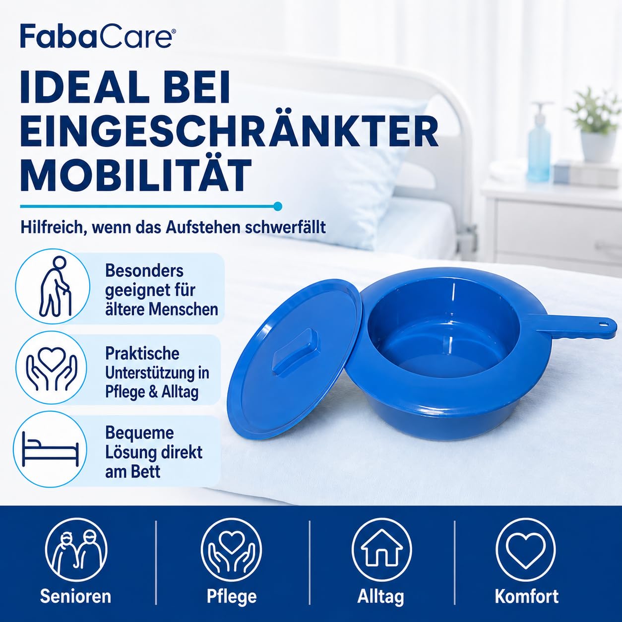 FabaCare Bettpfanne mit Deckel blau für Erwachsene | Stechbecken aus Kunststoff mit Griff, 30 cm Durchmesser, 8 cm Höhe, für Pflege, Klinik und Zuhause