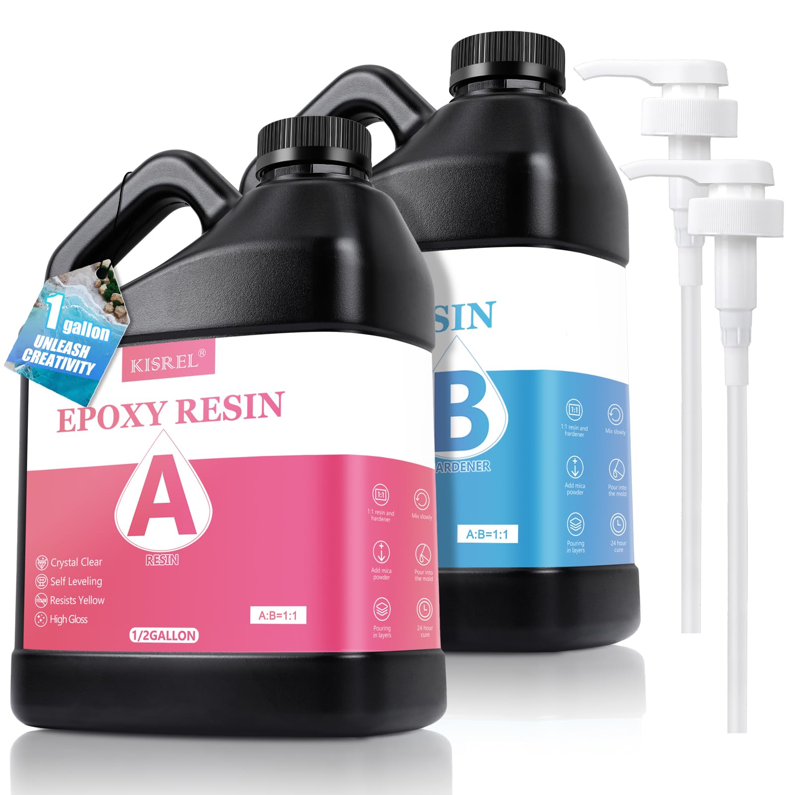 KISREL Epoxy Resin 1Gallon - Crystal Clear Epoxy Resin Kit - No Yellowing No Bubble Art Resin Casting Resin for Art Crafts, Jewelry Making, Wood & Resin Molds(1/2 Gallon x 2)