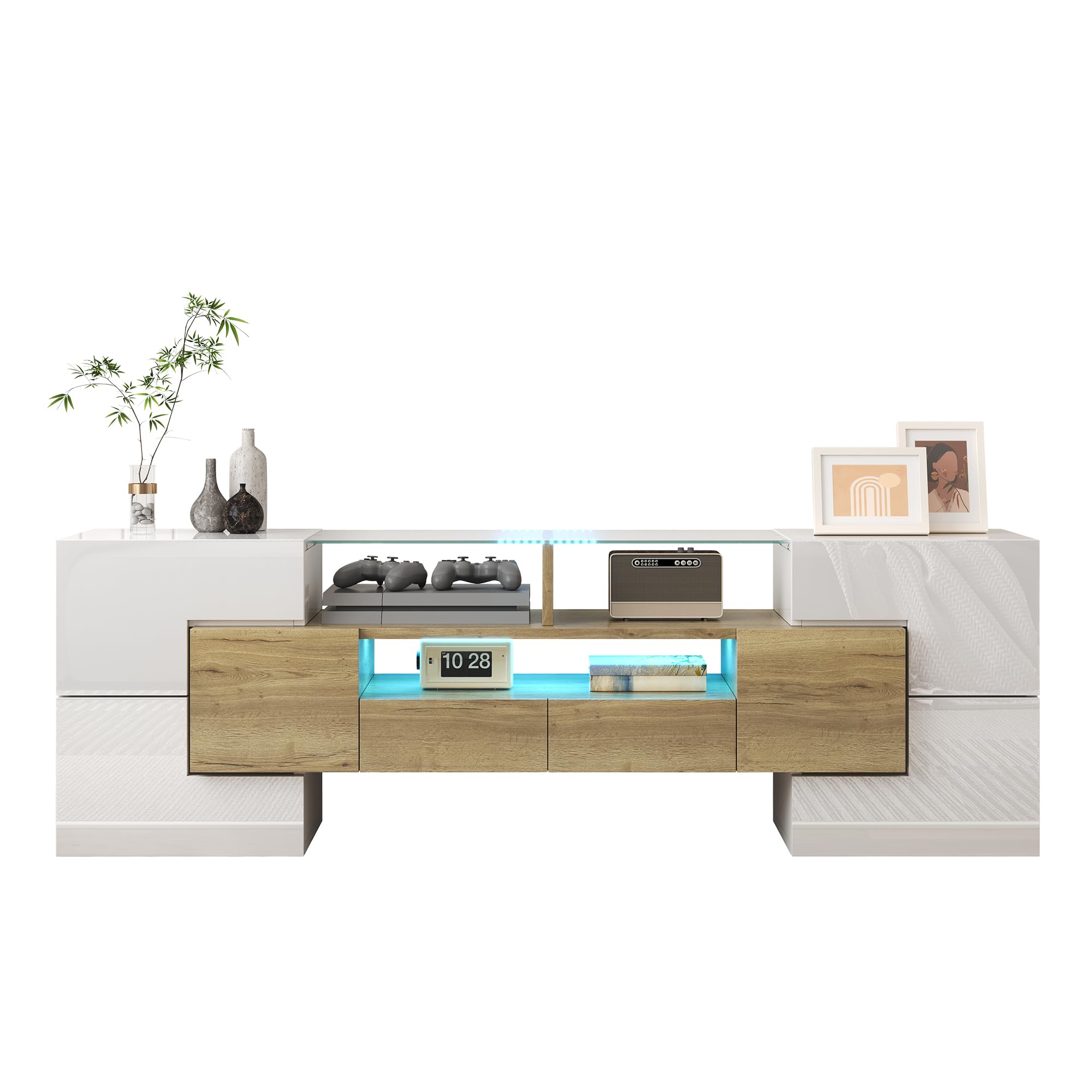 Elegante mueble de TV de 145 cm, color blanco brillante, bancos de TV con iluminación LED y tablero de cristal para salón, diseño moderno (blanco y color madera, 145 cm)