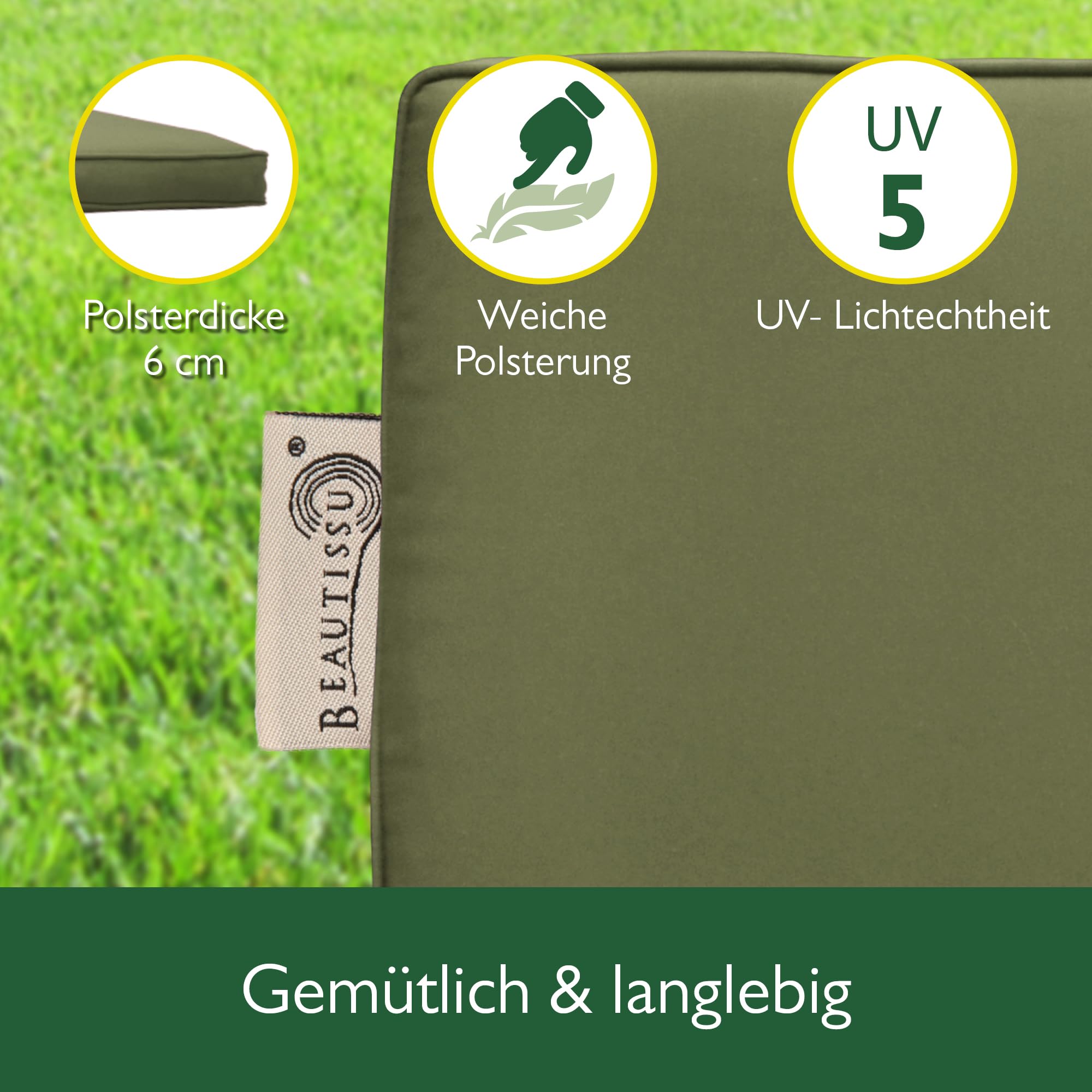 Beautissu Hollywoodschaukel 3 Sitzer Polsterauflagen 2er Set Sitzkissen & Rückenkissen 180x50cm – Waschbare Outdoor Auflage für Hollywoodschaukel Sitzpolster Olivgrün mit Reißverschluss – Loft HS