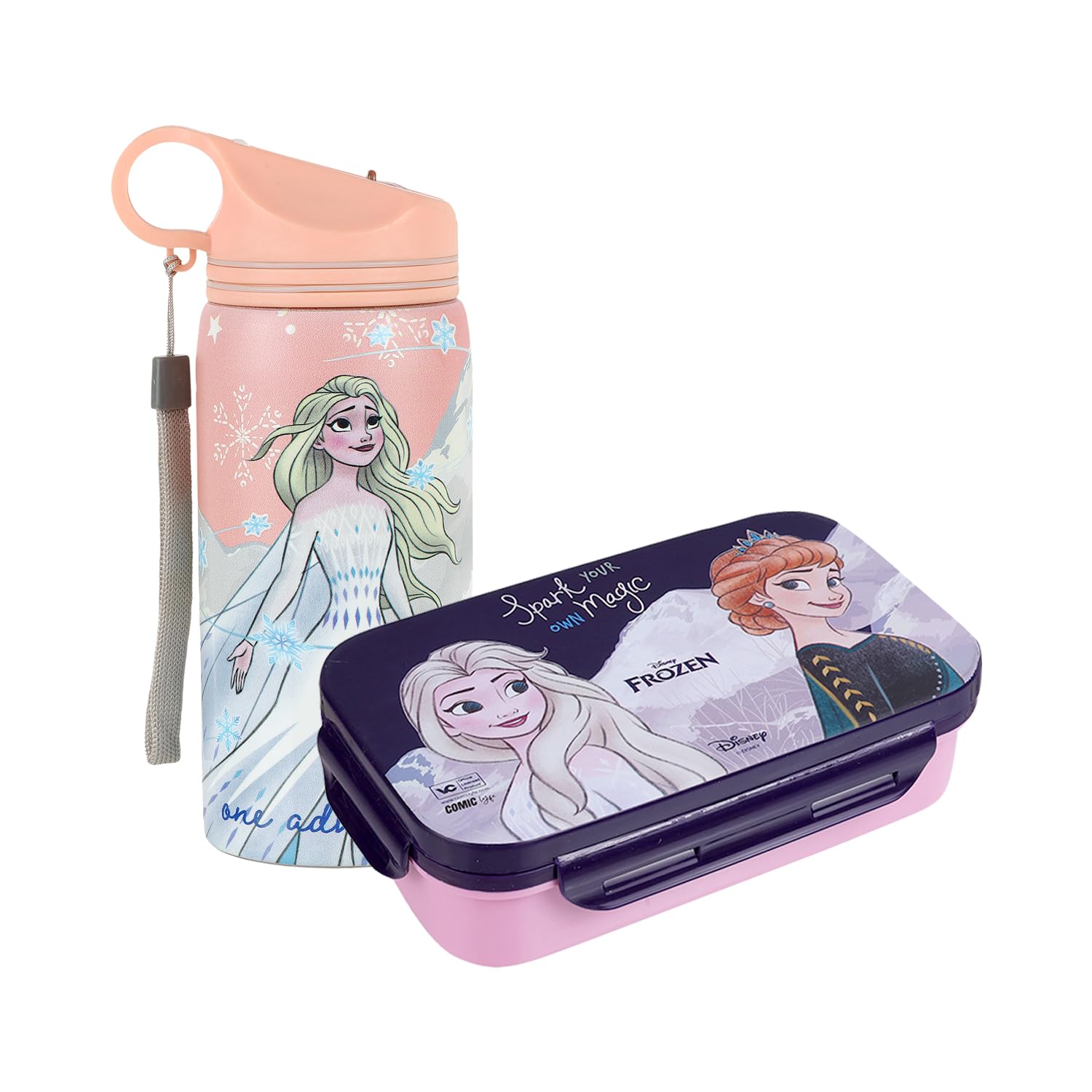 Disney Frozen Lunch Box & Water Bottle Combo for Kids Girls | BPA-Free Tiffin Box with Leakproof Water Bottle 500ml for School Kids | Frozen Anna Elsa Lunch Set (Blue, Pink)-image-1