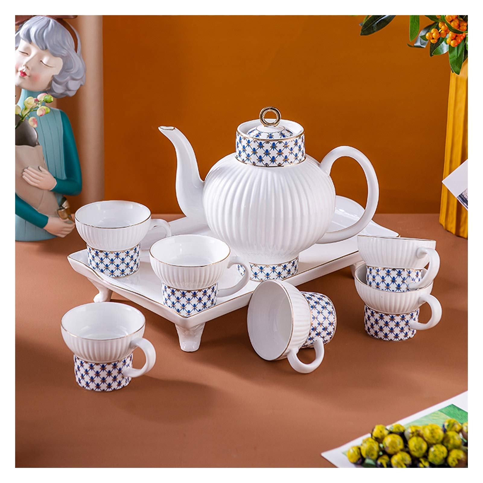 Zestaw do herbaty 8-częściowy zestaw herbaty ceramicznej odpowiedni do kawy kwiat i herbata owocowa zawiera 6 filiżanek herbaty 1 czajnik 1 taca nowoczesny luksusowy styl popołudniowy filiżanka herbat