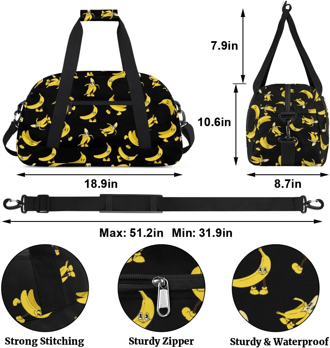 Kids Overnighter Duffel Bags for Boys Girls, Carry-On Size Sports Gym Bag for School Practice or Overnight Travel Weekender Sleepover Workout Tote Bag, Yellow Banana