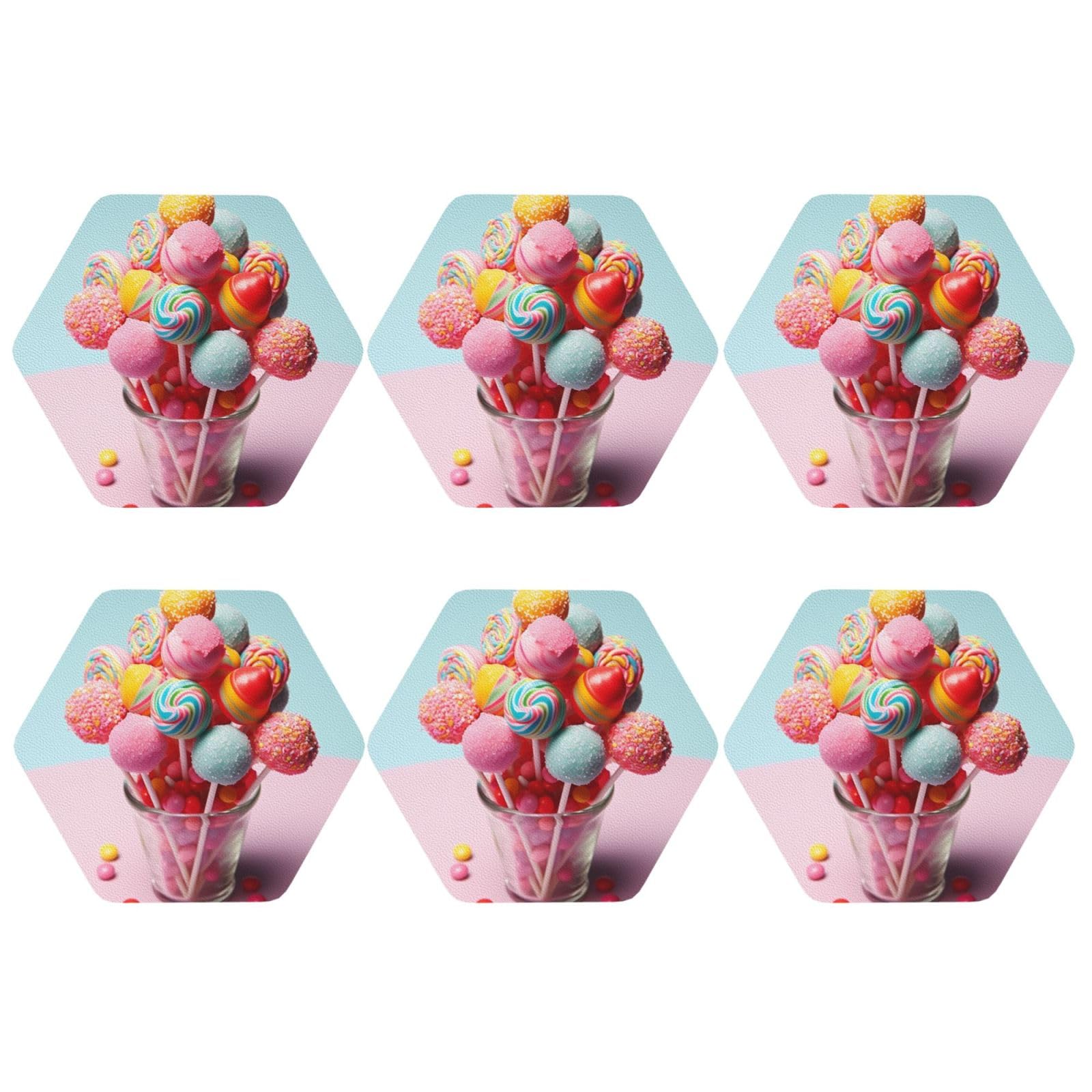 6pcs Leather Coasters for Drinks, Candies Drink Coasters for Tabletop Protection, 4" Cup Coasters for Coffee Table Decor, Non-Slip Drinking Cup Mat for Hot Or Cold Drink