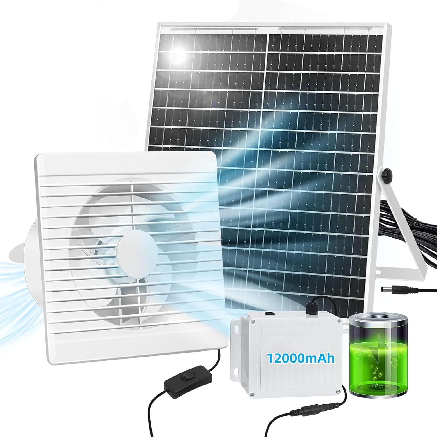 Solar Fan with Battery,9.8" Solar Exhaust Fan,12000mAh 22W Ventilator with 14.7Ft On/Off Cable,Greenhouse Air Cooling Circulation for Shed, Chicken Coop and More