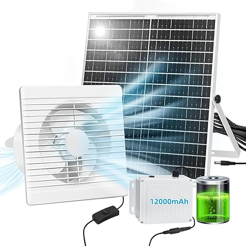 Solar Fan with Battery,9.8" Solar Exhaust Fan,12000mAh 22W Ventilator with 14.7Ft On/Off Cable,Greenhouse Air Cooling Circulation for Shed, Chicken Coop and More