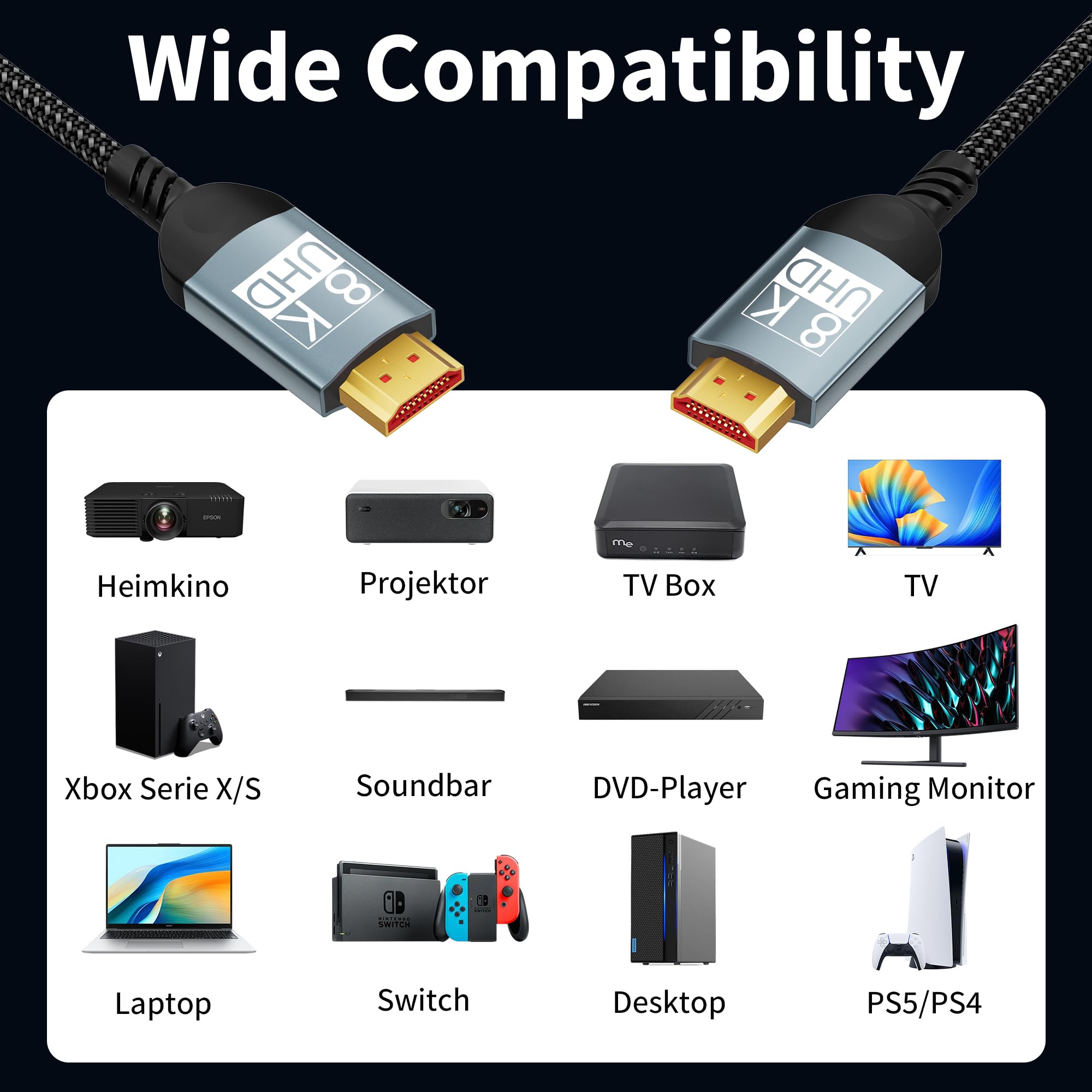 Câble HDMI 2,5m 10K 8K,câble HDMI ultra haute vitesse 10K 8K@60 Hz 4K@240 Hz,compatible HDMI 2.1,HDR10+,eARC,3D,HDCP 2.2 et 2.3,VRR,DTS:X,compatible avec PS5/4,Xbox,TV HD,PC,moniteur,projecteur