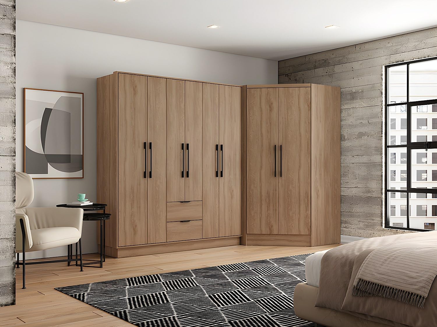 Vente-unique - Armoire d'angle 8 Portes et 2 tiroirs - L263 cm - Coloris : Naturel - FEOVA