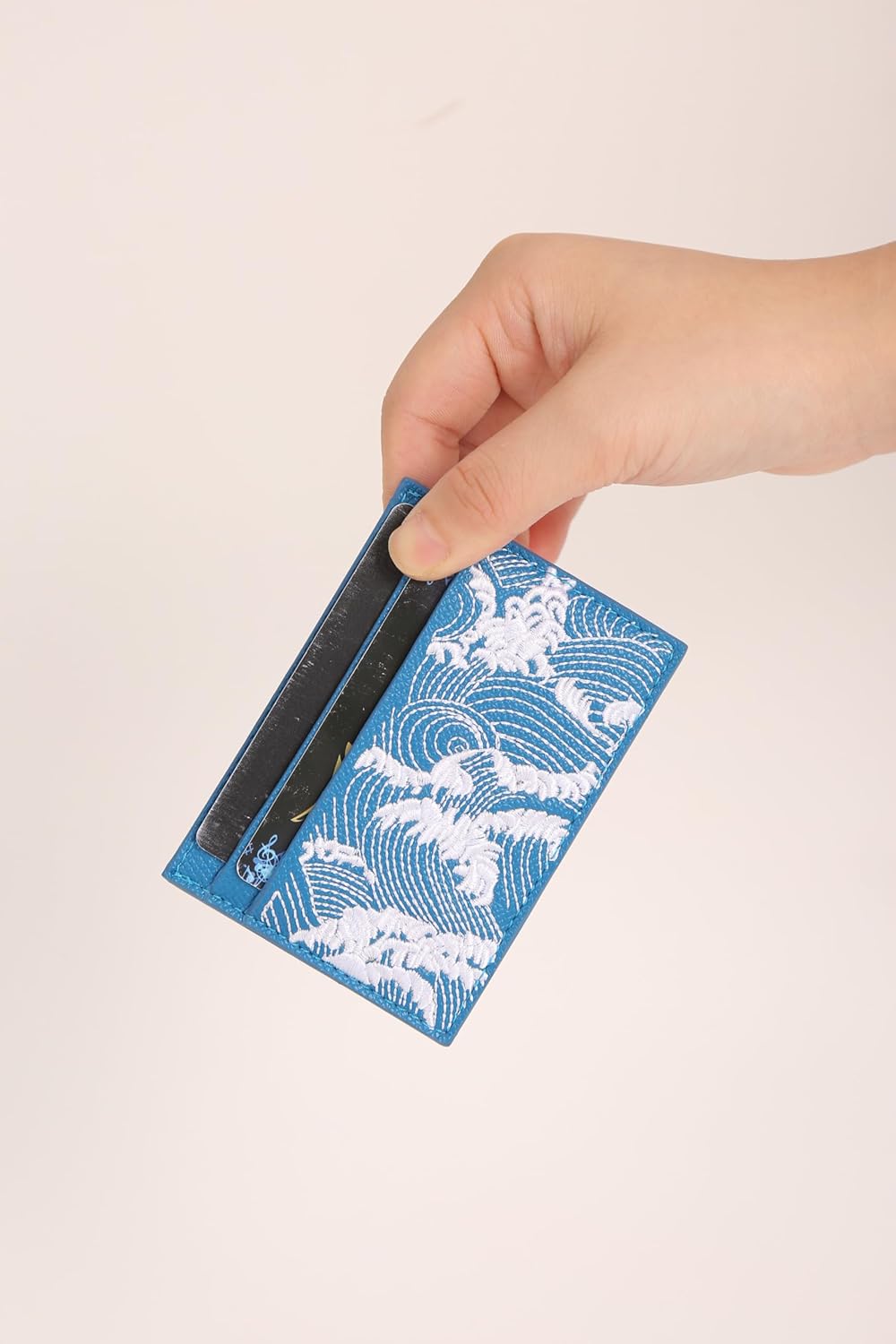 Slim Leather Card Holder with Wave Design, RFID Blocking, Blue and White, 2.76" x 3.94 - Image 7