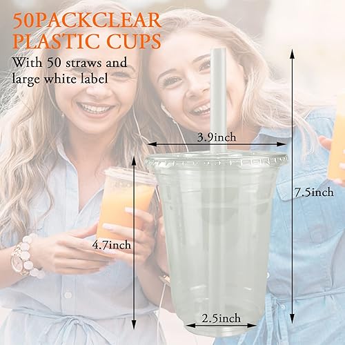 Miniatura 2 de 50 juegos de vasos de plástico transparente con tapas planas, tazas de café desechables de 16 onzas con pajitas y calcomanías, tazas de plástico