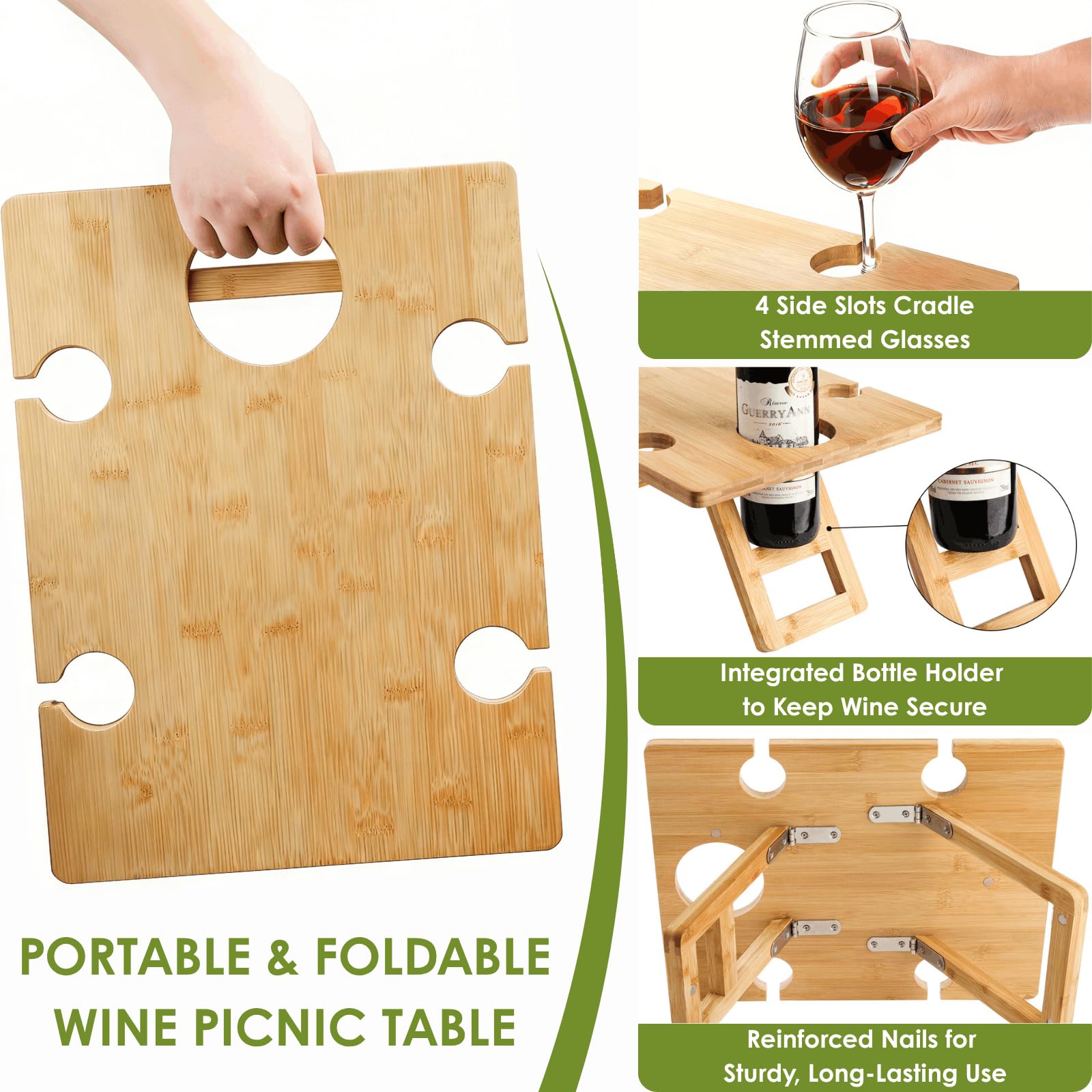 YOUEON Tragbarer Wein Picknick Tisch mit 5 Weingläser Halter, Faltbarer Champagner Picknick Snack Tisch, Wein und Käse Tisch für Picknick, Camping, Park, Strand, Weinliebhaber Geschenk