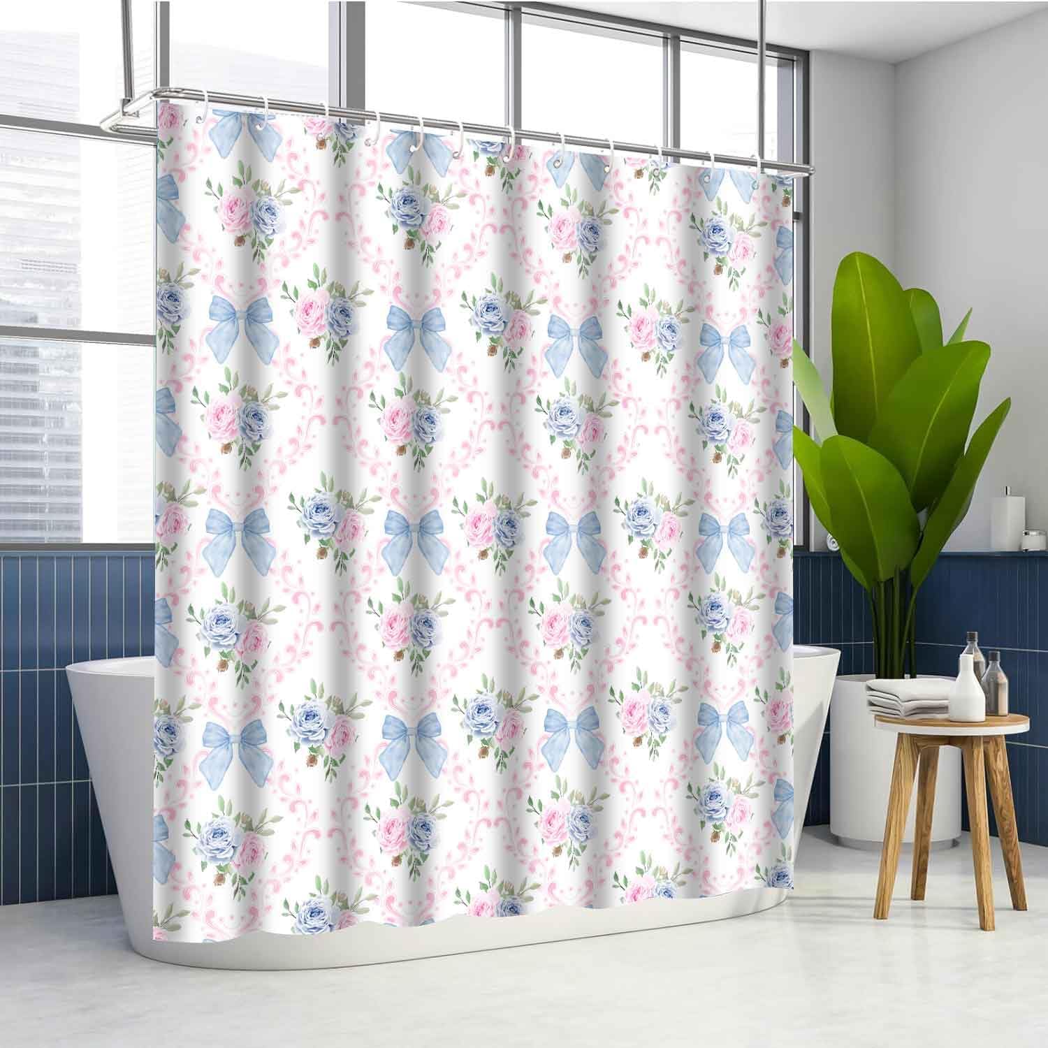 Coquette Blue Bow Shower Curtain Preppy Pink and Blue Floral Plaid Bowknot Shower Curtains for Bathroom Decor 72x84Inch Polyester Cute Teen Girls Girly Bath Curtain Set with 12 Hooks