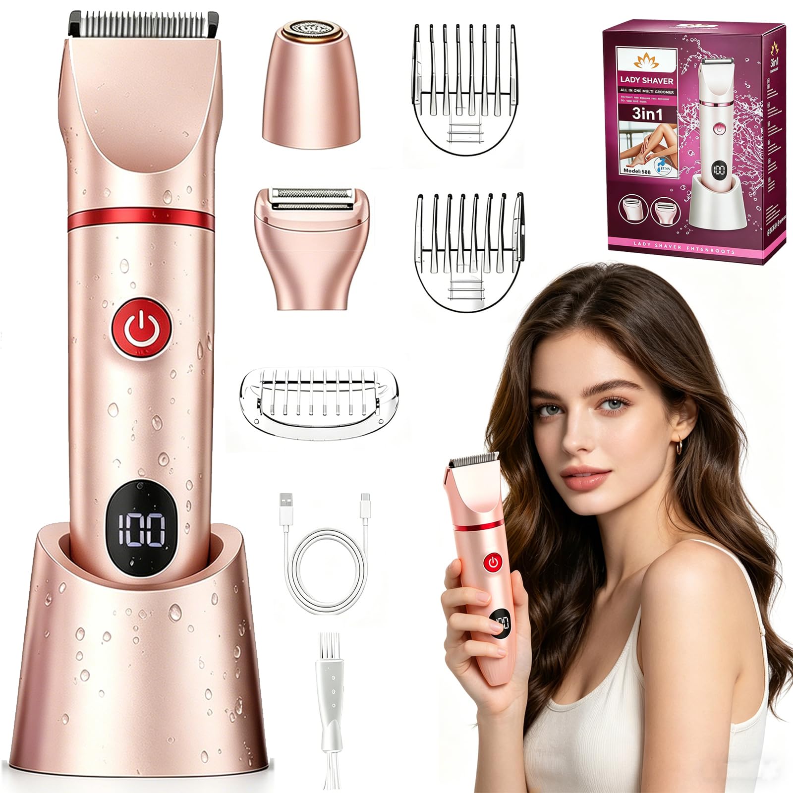 Rasoir Electrique 3 en 1 Femme, Tondeuse Femme Intime, Étanche IPX7 Douche Humide/Sec, Écran LED & USB-Recharge, Épilateur Électrique pour Visage, Maillot, Aisselles, Jambes, précis (Rose)