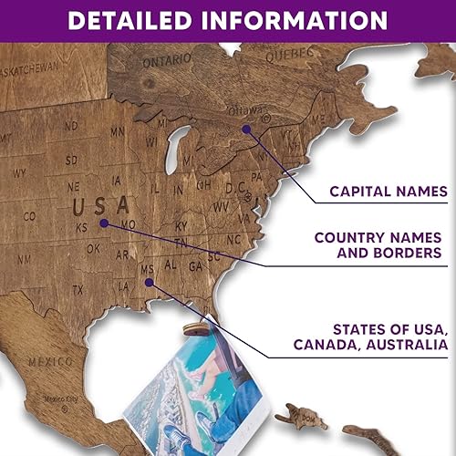 Miniatura 3 de HYPERI Wooden World Map Wall Art Travel, Wood World Map Wall Decor, Mapa del Mundo Para Pared, Places I've Been, Decor for Home Office, Wooden