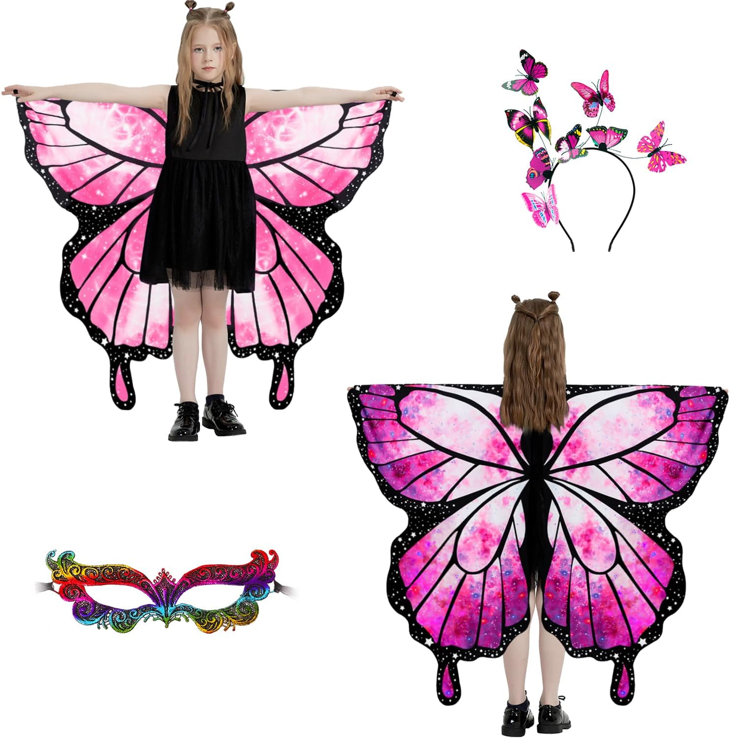 plainshe Halloween Costumes for Kids, Double Sided Butterfly Wings, Fairy Wings for Girls, 3PCS Butterfly Costumes Set.
