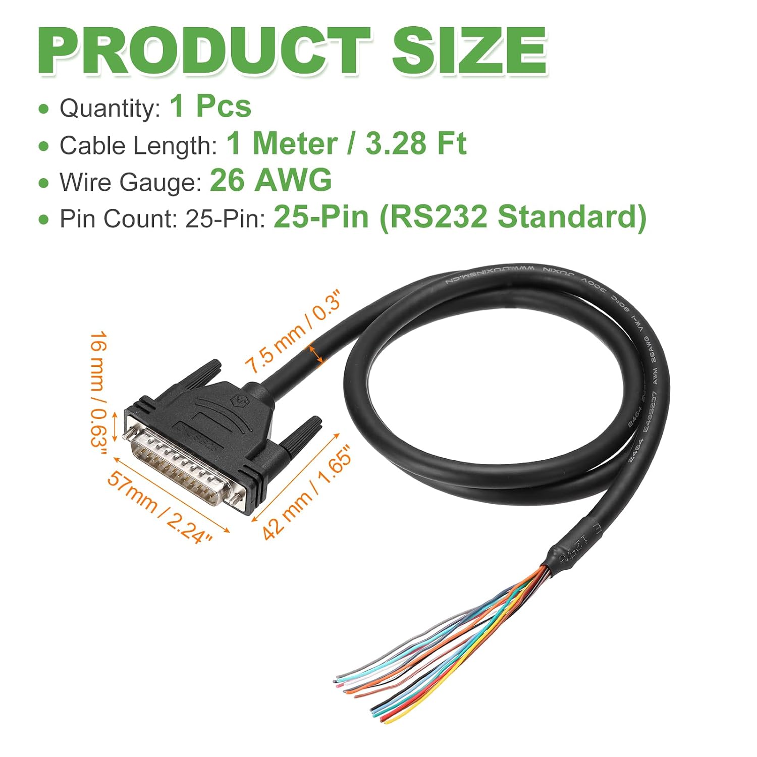 PATIKIL 3.3 ft 26AWG DB25 Male Connector to Bare Wire END RS232 25-Pin Serial Extension Cable Double Shielded Gold Plated Male Connector, Black