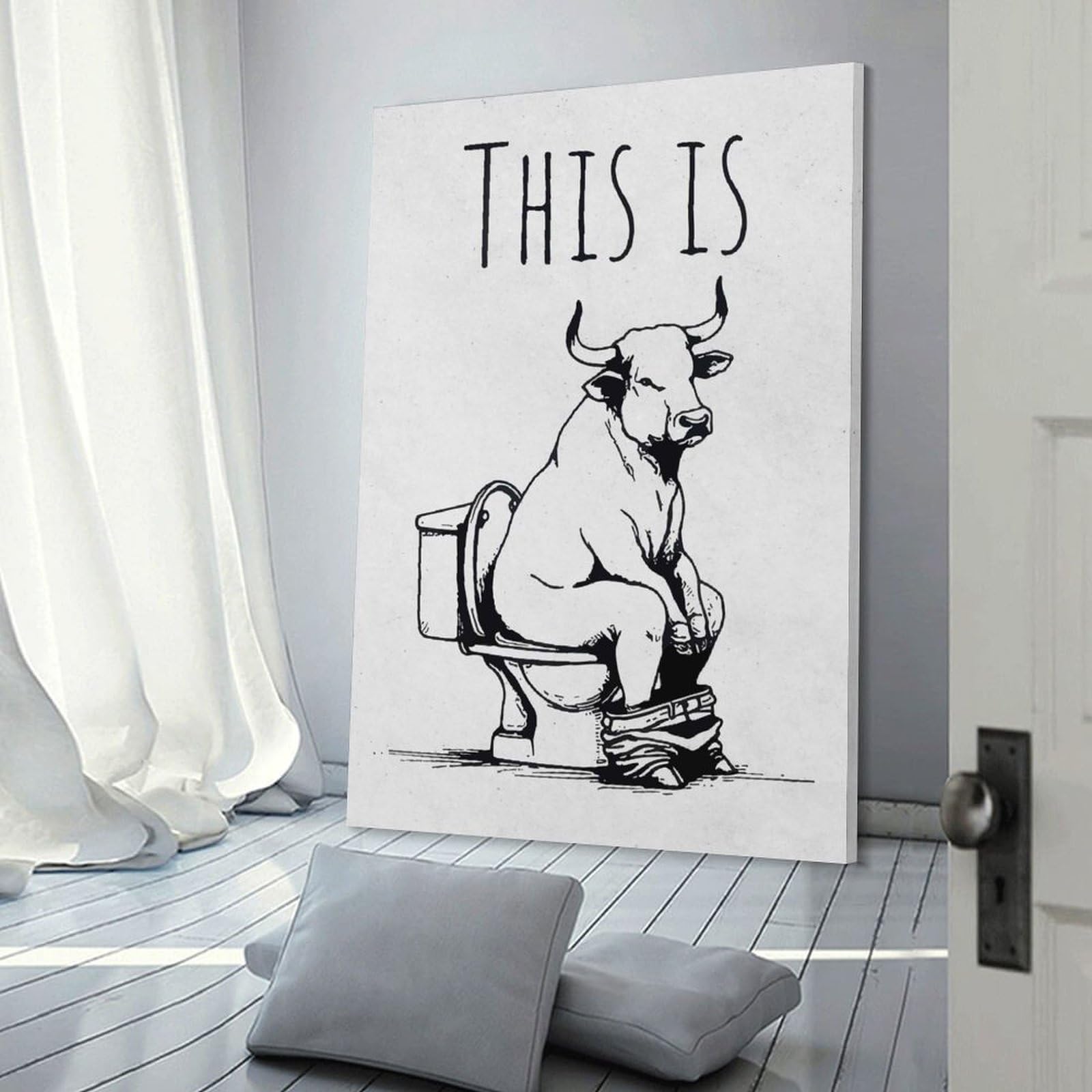 Junmoney Bull Sitting on Toilet Wall Picture Print 20x30inch(50x75cm), for Lounge Decor, Offices Or Entryway Styling, A Flexible Wall Accent for Shared Spaces