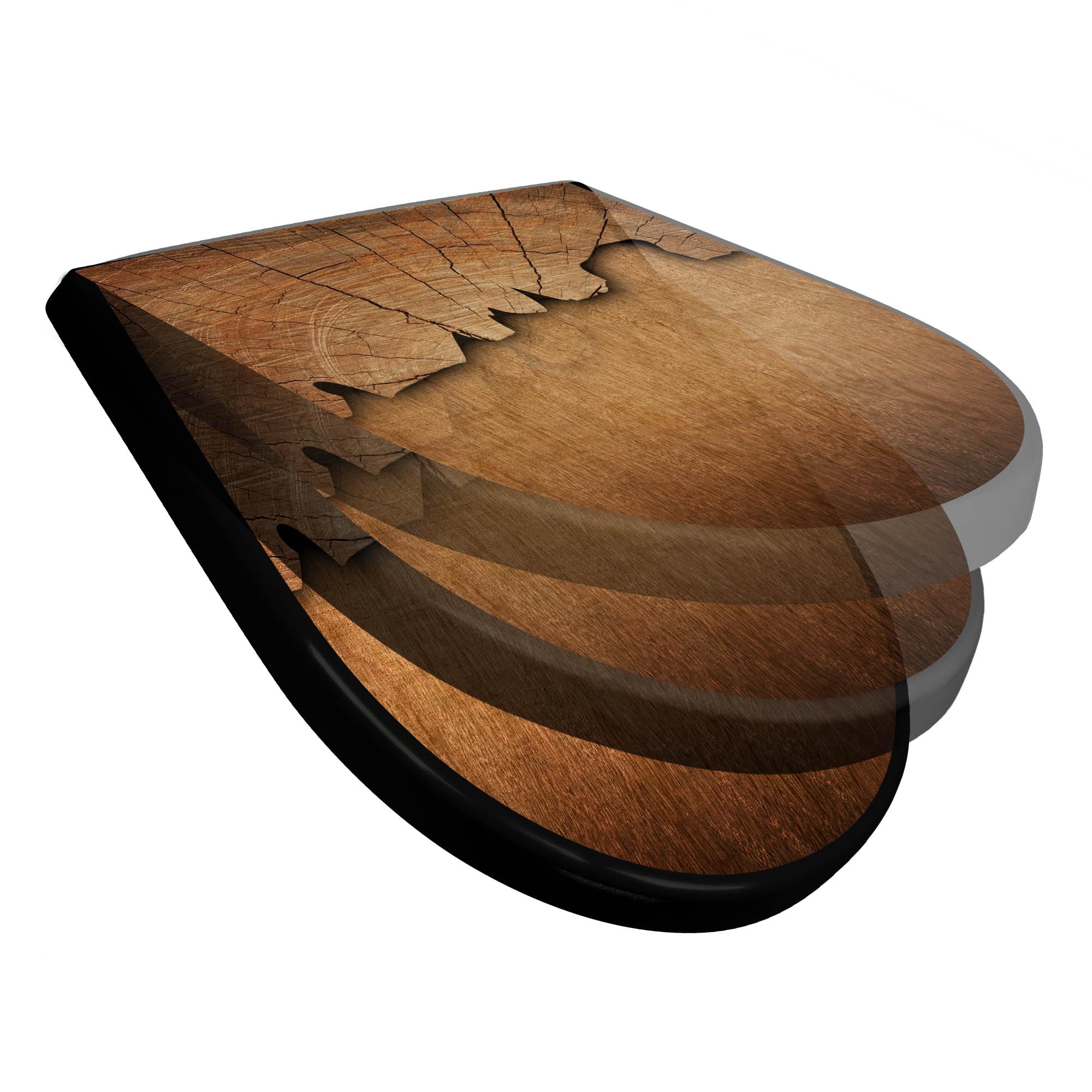 banjado WC Sitz mit Absenkautomatik D Form - Toilettendeckel mit Absenkautomatik D Form - Klodeckel Softclose - stabile Klobrille - Toilettensitz Schwarz - Motiv Holz