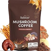 Balincer Mushroom Coffee, 6 Adaptogenic Mushrooms Lions Mane, Cordyceps, Turkey Tail & Other Mixed with Premium Instant Coffee for Focus, Energy, Immune and Gut Health Support, 50 Servings