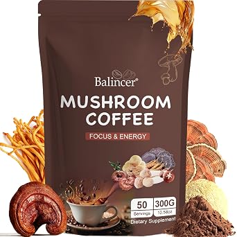 Balincer Mushroom Coffee, 6 Adaptogenic Mushrooms Lions Mane, Cordyceps, Turkey Tail & Other Mixed with Premium Instant Coffee for Focus, Energy, Immune and Gut Health Support, 50 Servings