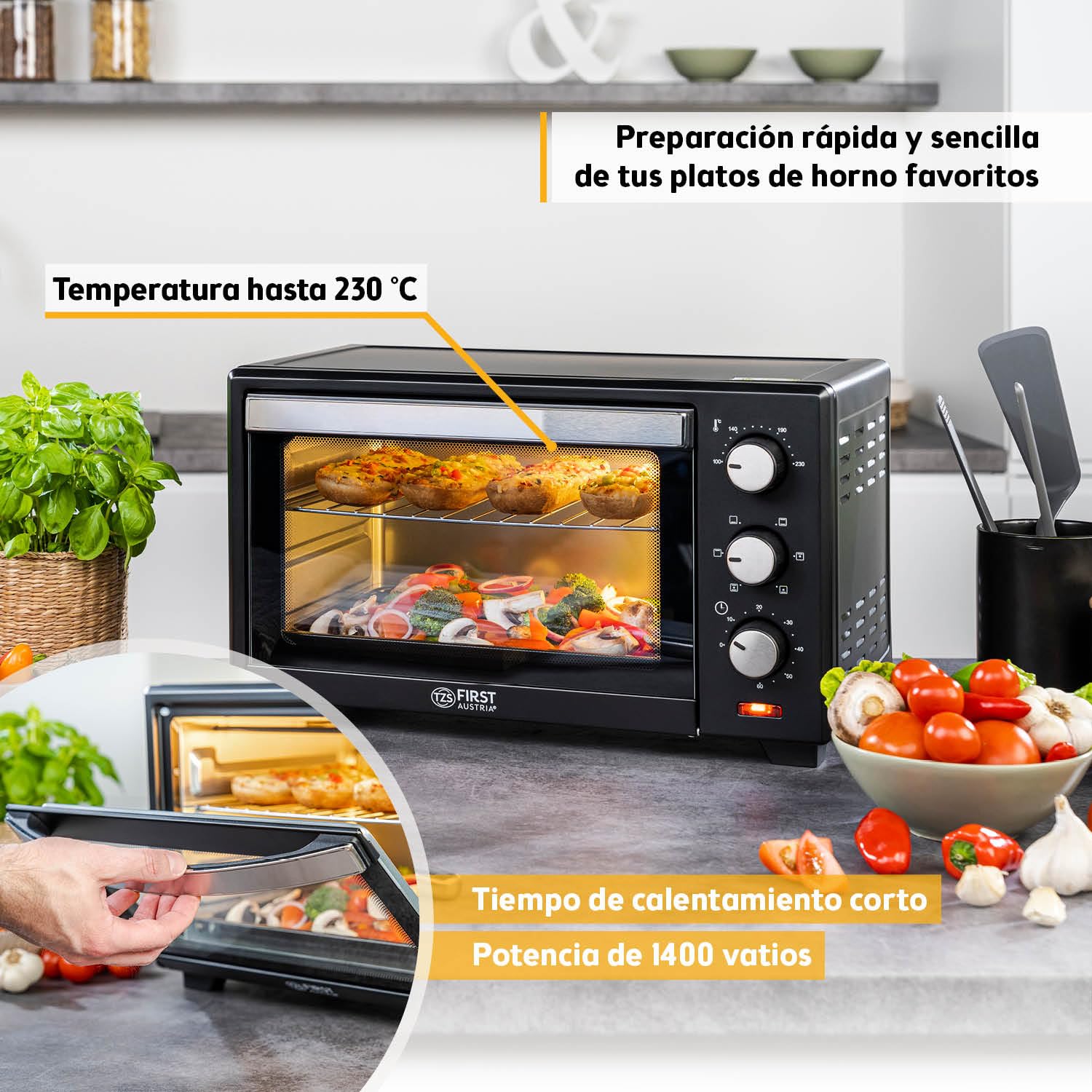 Mini Horno 20L 1380W TZS First Austria con Regulación de Temperatura hasta 230°C y Temporizador 60 min