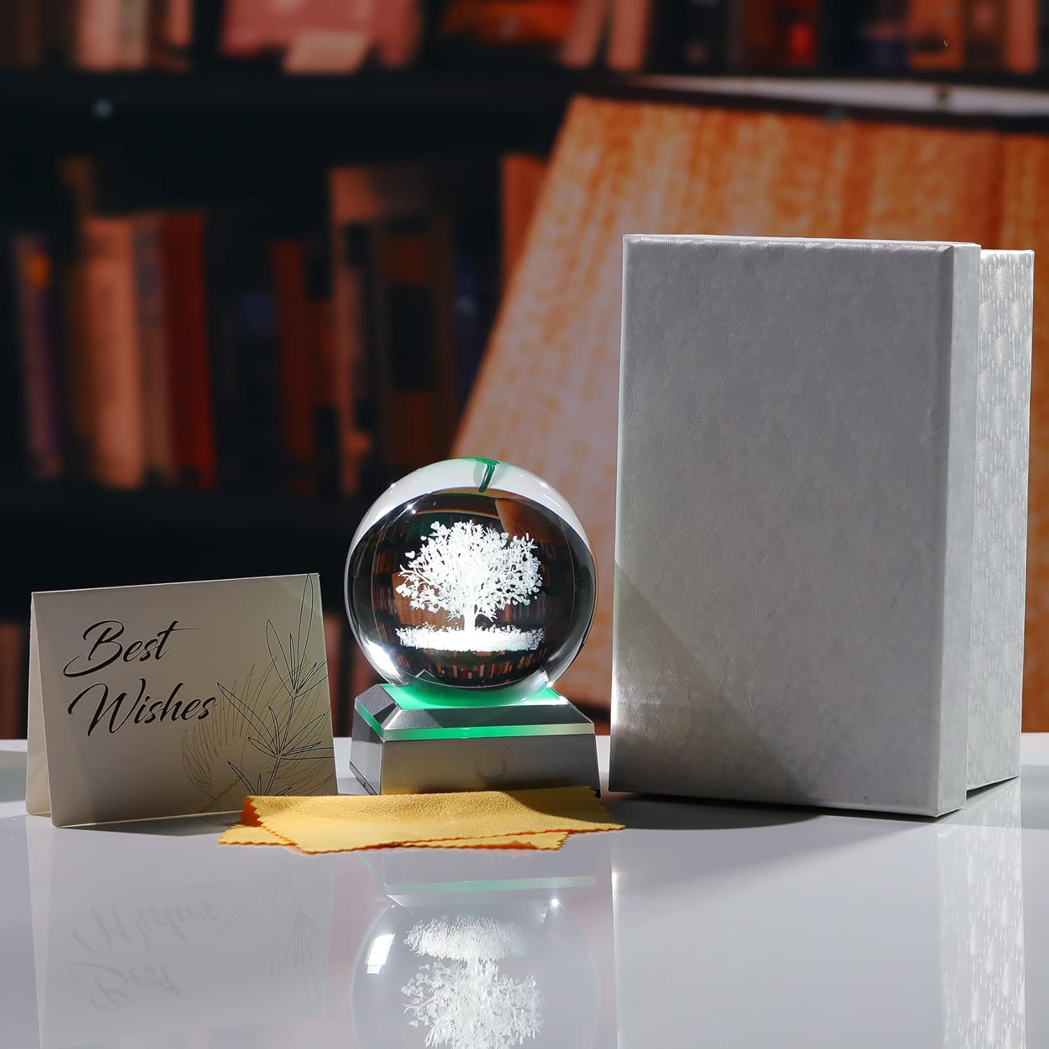 Ornalrist Crystal Ball 3D Engraved Tree of Life with LED Colorful Base, 3.15" 8CM Glass Sphere Ideas for Family Home Decor Display, Gifts for Men Women Friends on Birthday Christmas
