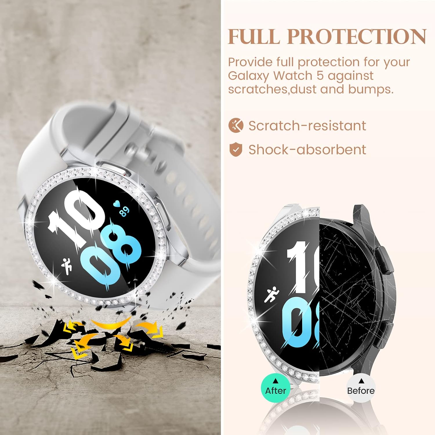 Goton [4+4] for Samsung Galaxy Watch 5 & 4 Screen Protector + Bling Case 40mm, Anti-Fog Tempered Glass Films + Glitter Diamond Bumper Cover for Galaxy Watch 5 Accessories Clear/Sliver/Rose Gold/Pink