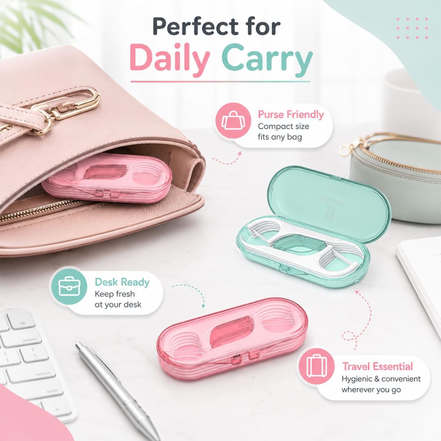 Dental Floss Picks with Portable Dispenser, Refillable Travel Flossers Case for Teeth Cleaning, Oral Care Essentials for Home, Office and Travel