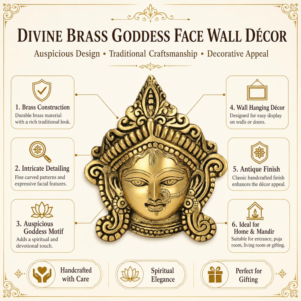 Kartique Mosiężna Durga Maa maska na twarz idol statuetka do biura dekoracja domu uchwyt ścienny wiszący ochrona złego oka Puja antyczny złoty kolor 15 cm