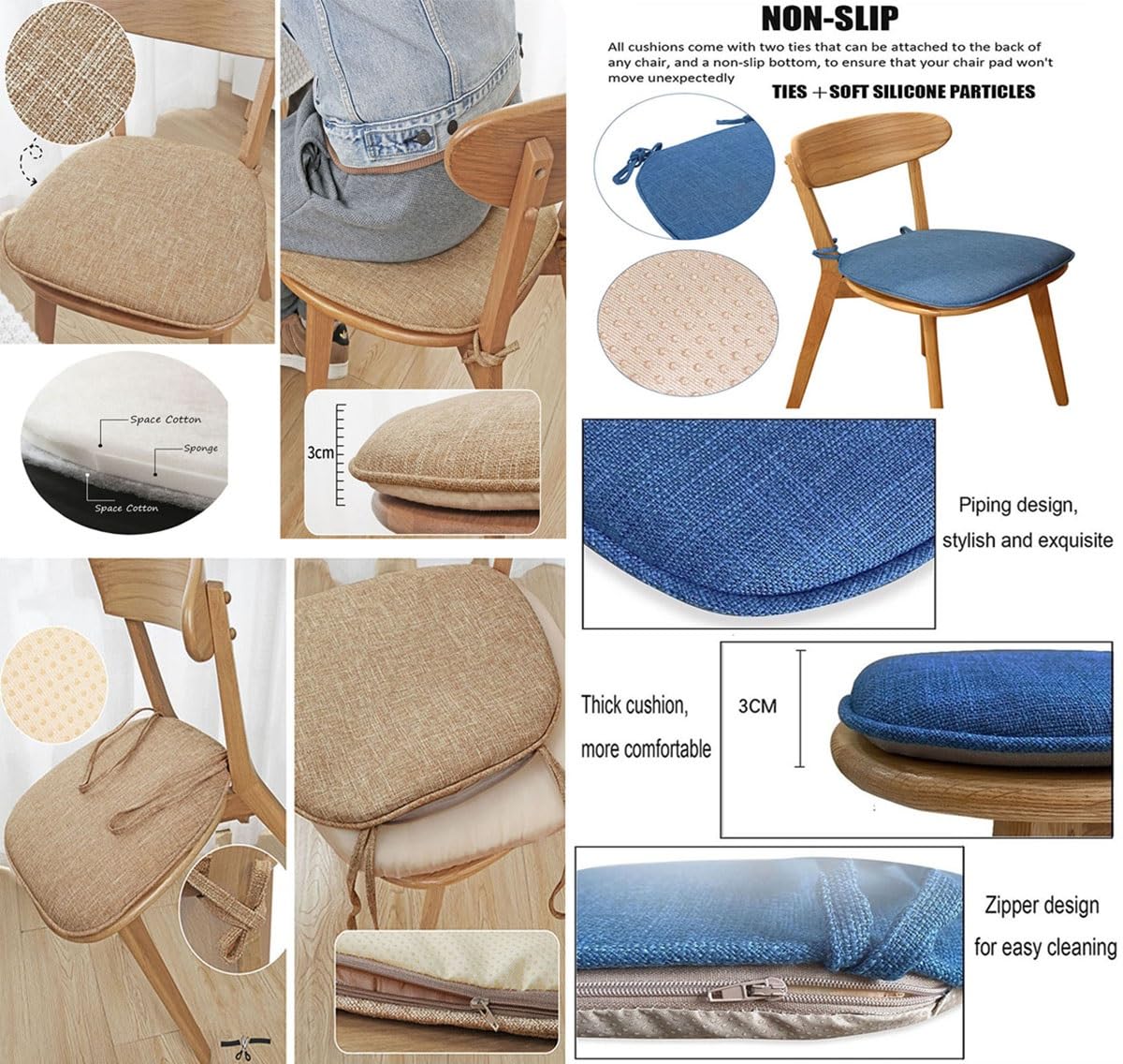 Cojines de asiento de herradura extraíbles lavables (paquete de 1/2/4/6 unidades) con cordones, 41 x 43 cm para comodidad de oficina, hogar, coche y comedor