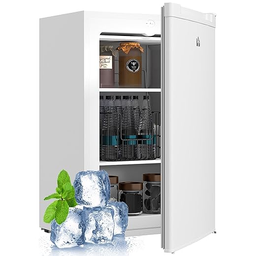 HOMCOM Mini Freezer Countertop, 3 Cu.Ft Compact Upright Freezer with Removable Shelves, Reversible Door for Home, Dorm, Apartment and Office, White