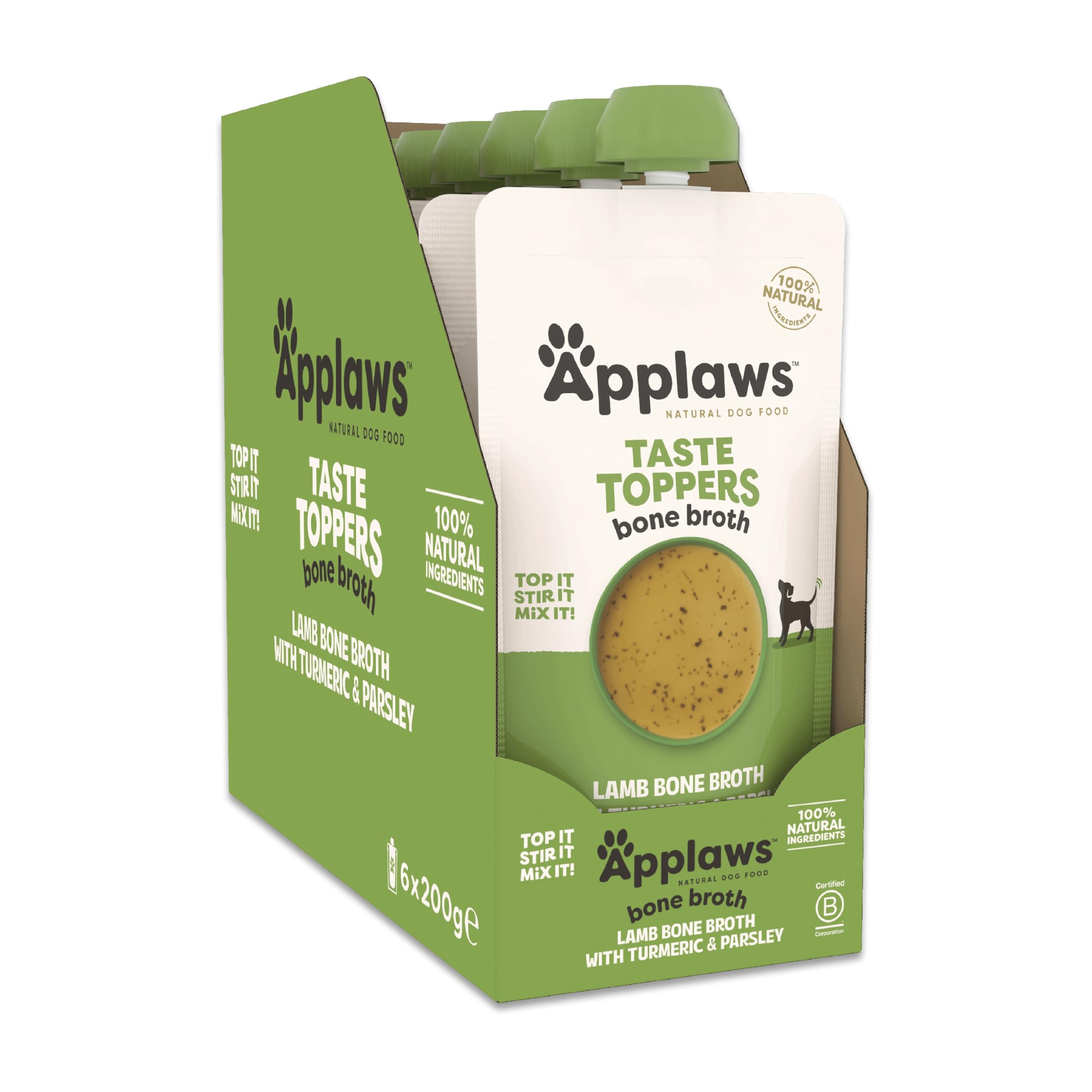 Applaws Taste Toppers 100% Natural Dog Food Topper, Lamb Bone Broth Liquid for Dogs, Kibble Topper 6 x 200g Spout Pouch