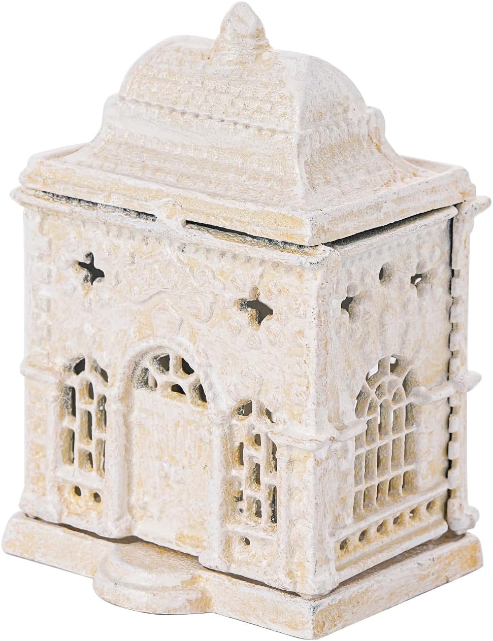 Sungmor Vintage Cast Iron Tealight Candle Holder - Rustic White Miniature Church Lantern, Heavy Metal Tealight Candle Stand for Home, Garden or Patio, Indoor & Outdoor Farmhouse Décor Accent