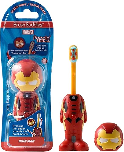 Brush Buddies Marvel Iron Man - Cepillo de dientes para niños, cerdas redondeadas suaves, cubierta para cepillo de dientes Poppin' Fun Superhero