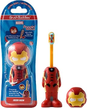Brush Buddies Marvel Iron Man Kids Toothbrush Soft Rounded Bristles Poppin Fun Superhero Toothbrush Cover Easy Grip Handle Gentle Cleaning for Toddlers & Kids Ages 2+ Travel Friendly Oral Care
