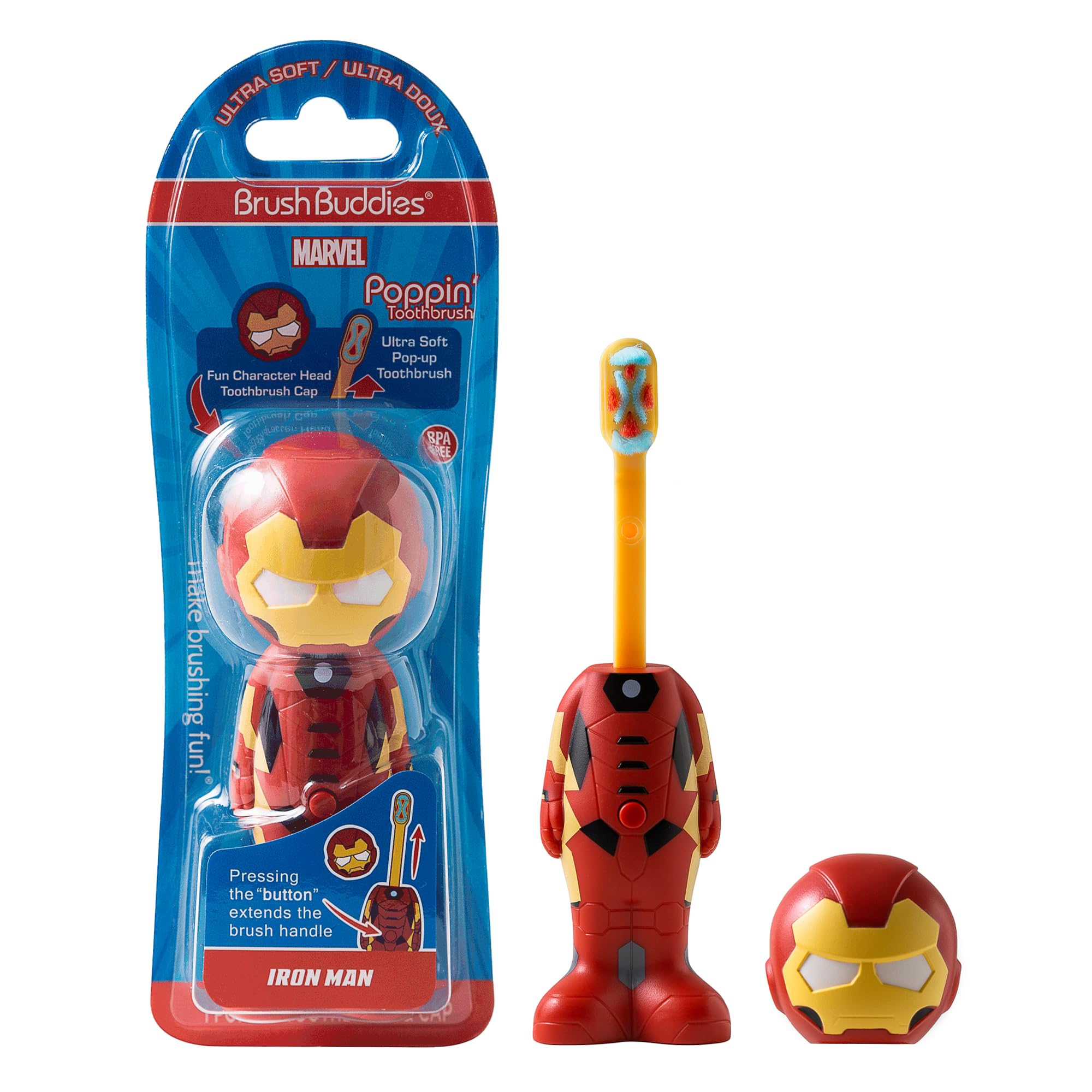 Brush Buddies Marvel Iron Man Kids Toothbrush, Soft Rounded Bristles, Poppin' Fun Superhero Toothbrush Cover