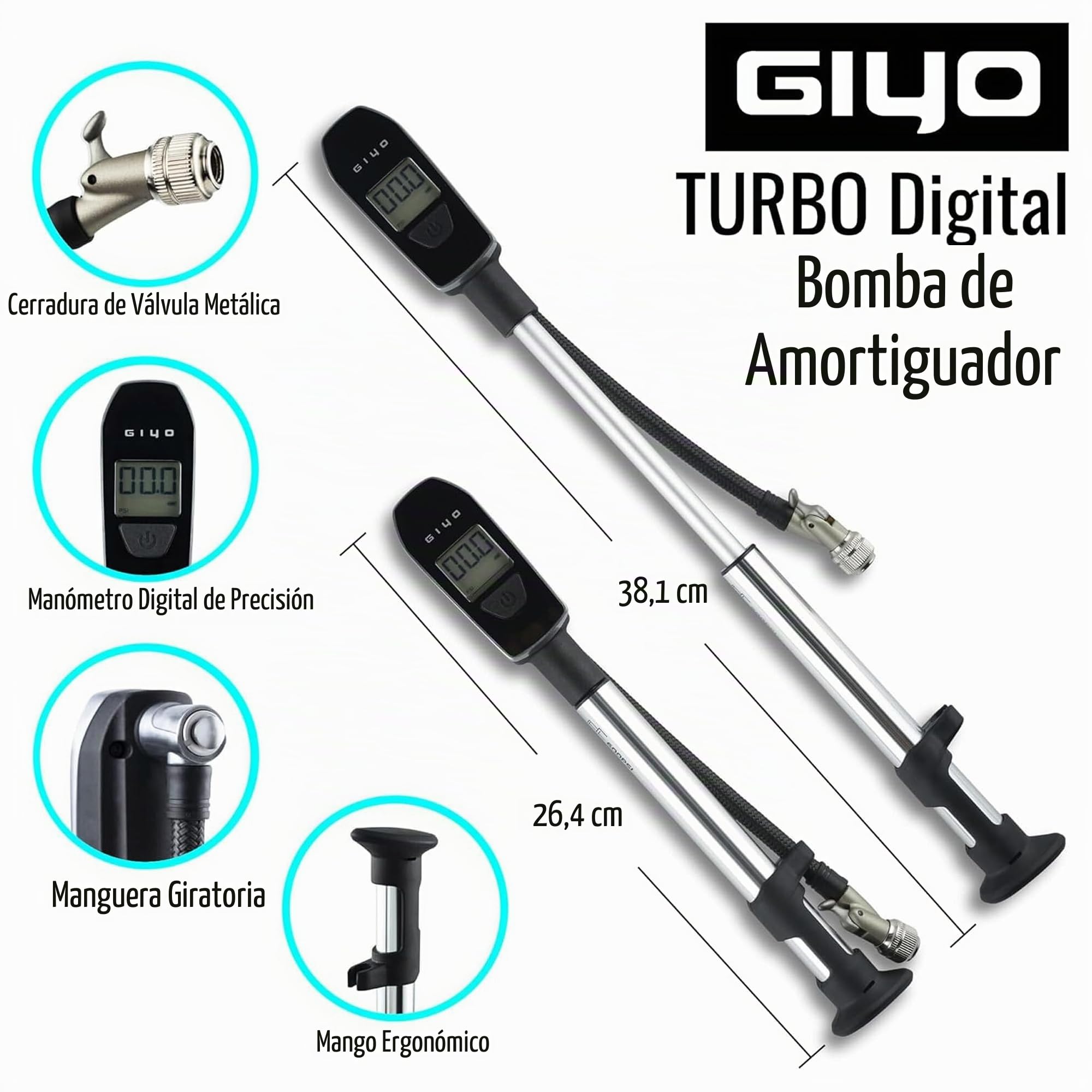GIYO GS-52L Bomba de choque digital turbo 600 psi - Ahorra 40% esfuerzo, purgador microajustable, barril de aluminio