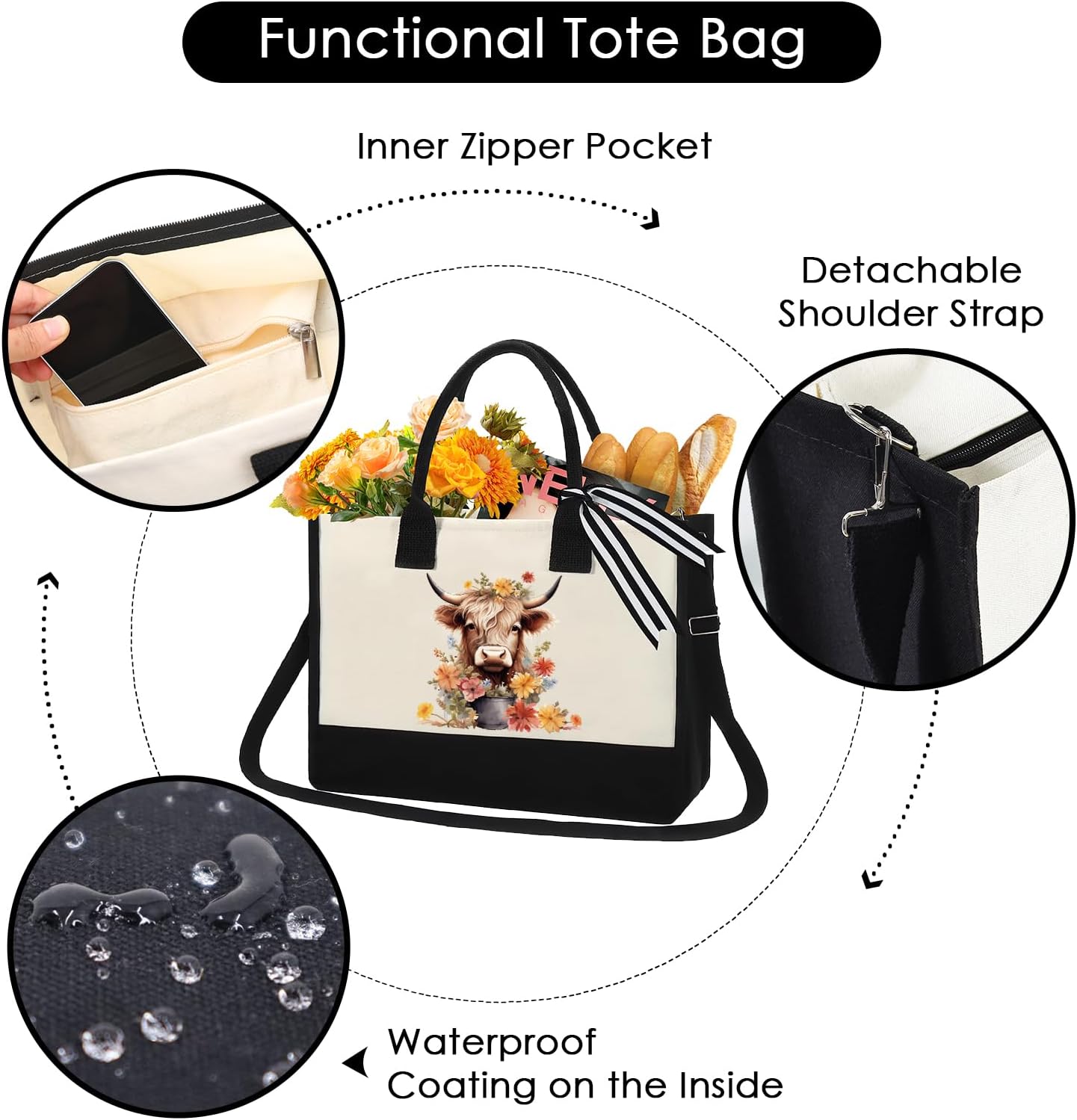 Highland Cow Gifts Tote Bag - Mother's Day Gift Personalized Highland Cow Canvas Tote Bag with Zipper Aesthetic Floral Reusable Grocery Handbag for Women Cow Lover Mothers Day Travel Beach Bag - Image 5