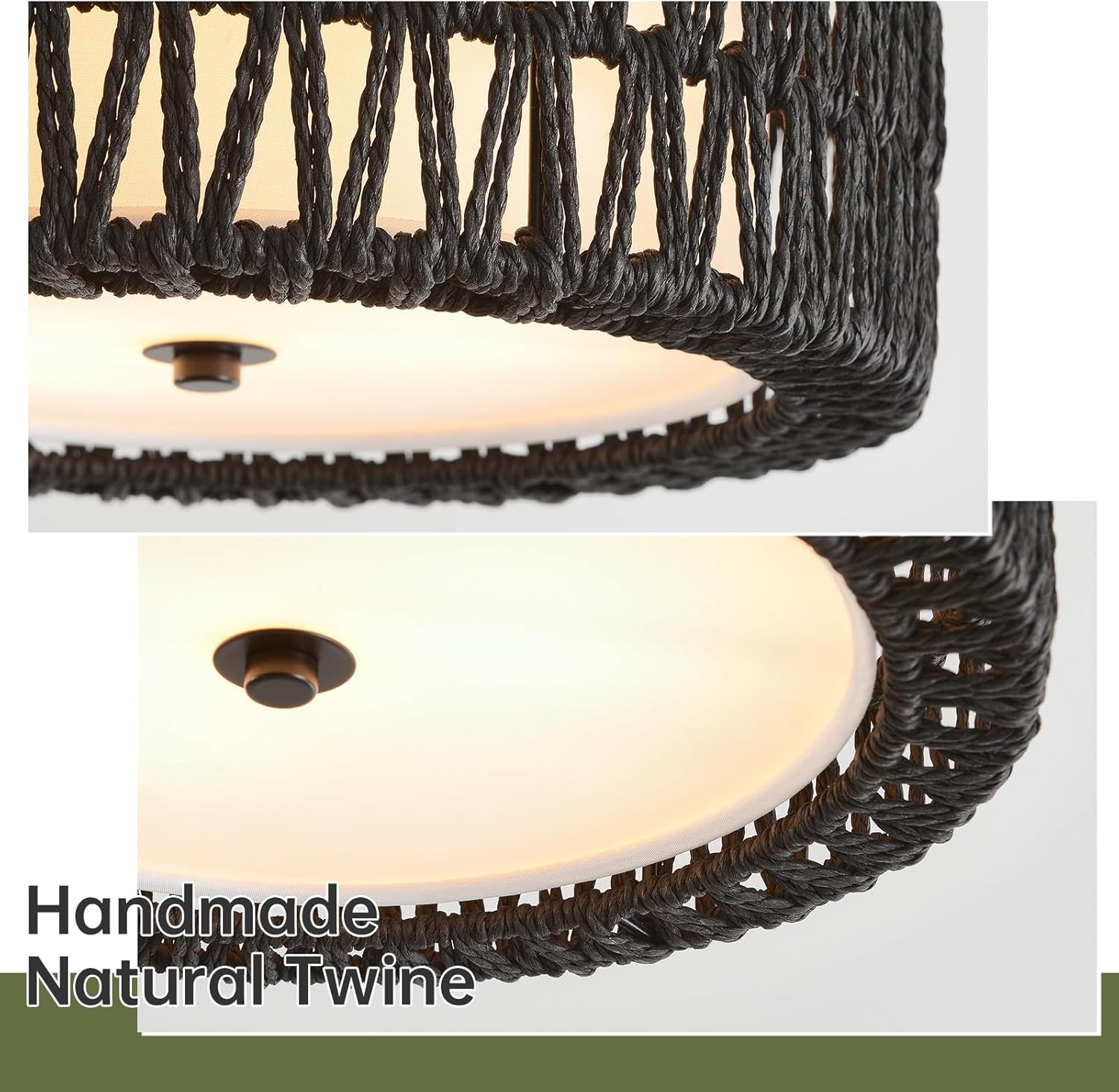 Boho Black Ceiling Light Fixtures 2-Light Rattan Flush Mount Ceiling Light, 12.6" Modern Light Fixture Close to Ceiling Light for Bedroom Nursery Foyer Hallway Entryway Kids Room