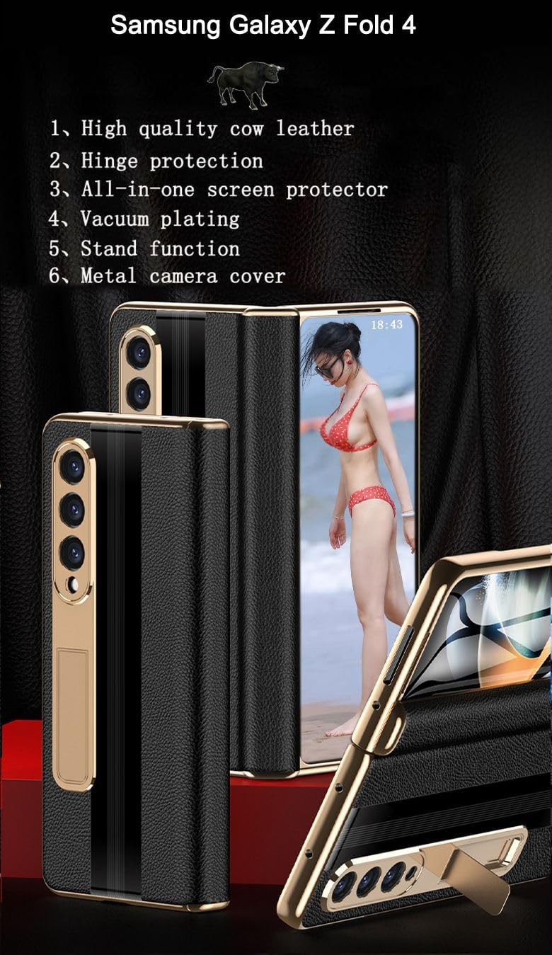 Leather Case for Samsung Galaxy Z Fold 4, Hinged Cover for Samsung Z Fold4 Phone, Bracket, Mobile Phone Shell, Leather Holster -Black