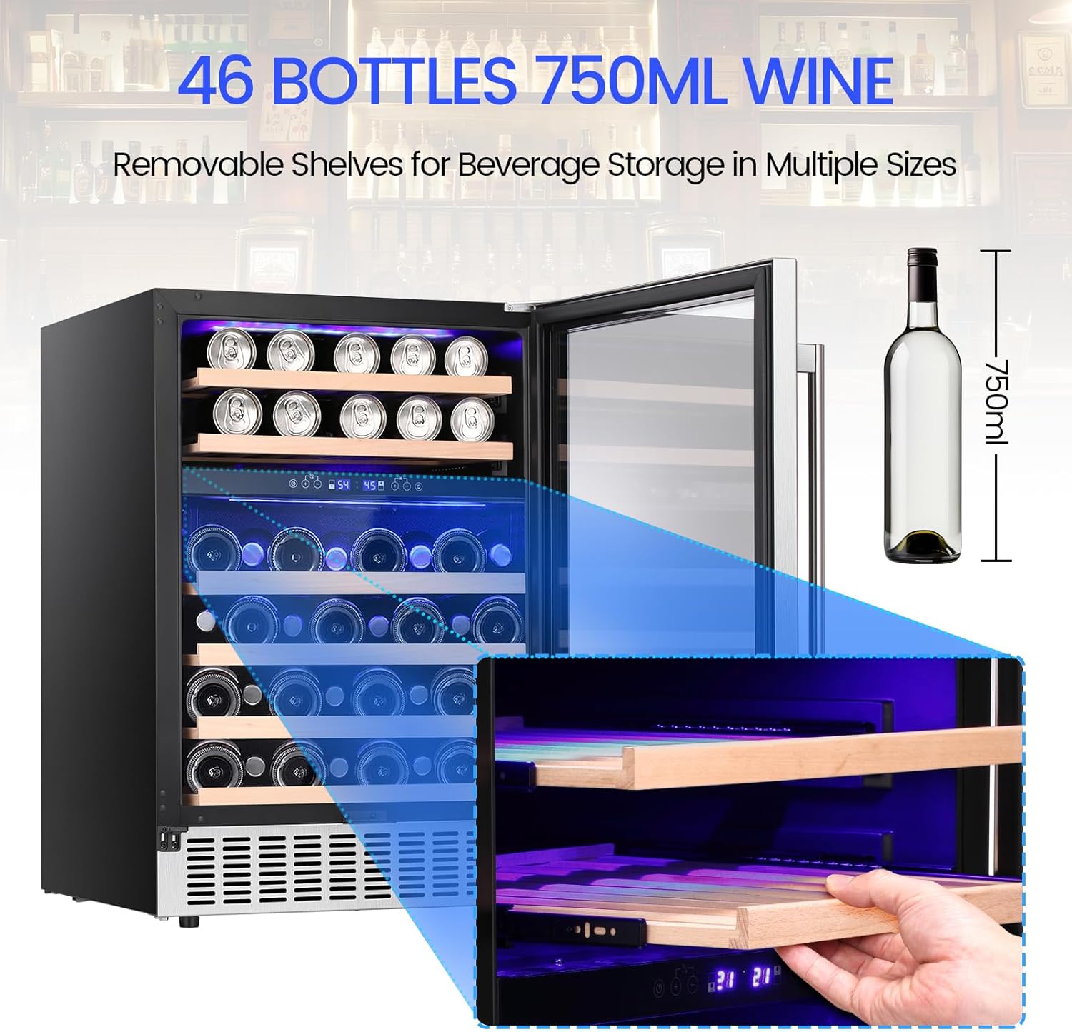 Image showing removable wooden shelves and capacity for 46 bottles