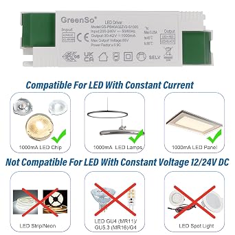 36-40W LED Driver Power Supply 200-240Vac to 30-42Vdc 1000mA Constant Current Transformer for Recessed Ceiling Flat LED Panel Lights 60x60, 120x30, 120x60cm, ENEC UKCA CE RoHS