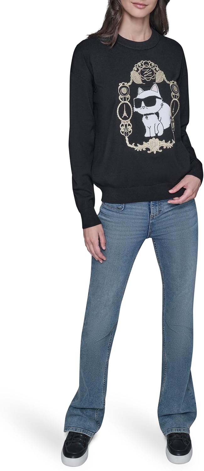 KARL LAGERFELD womens Long Sleeve Crew Neck Choupette Baroque Sweater - Image 2