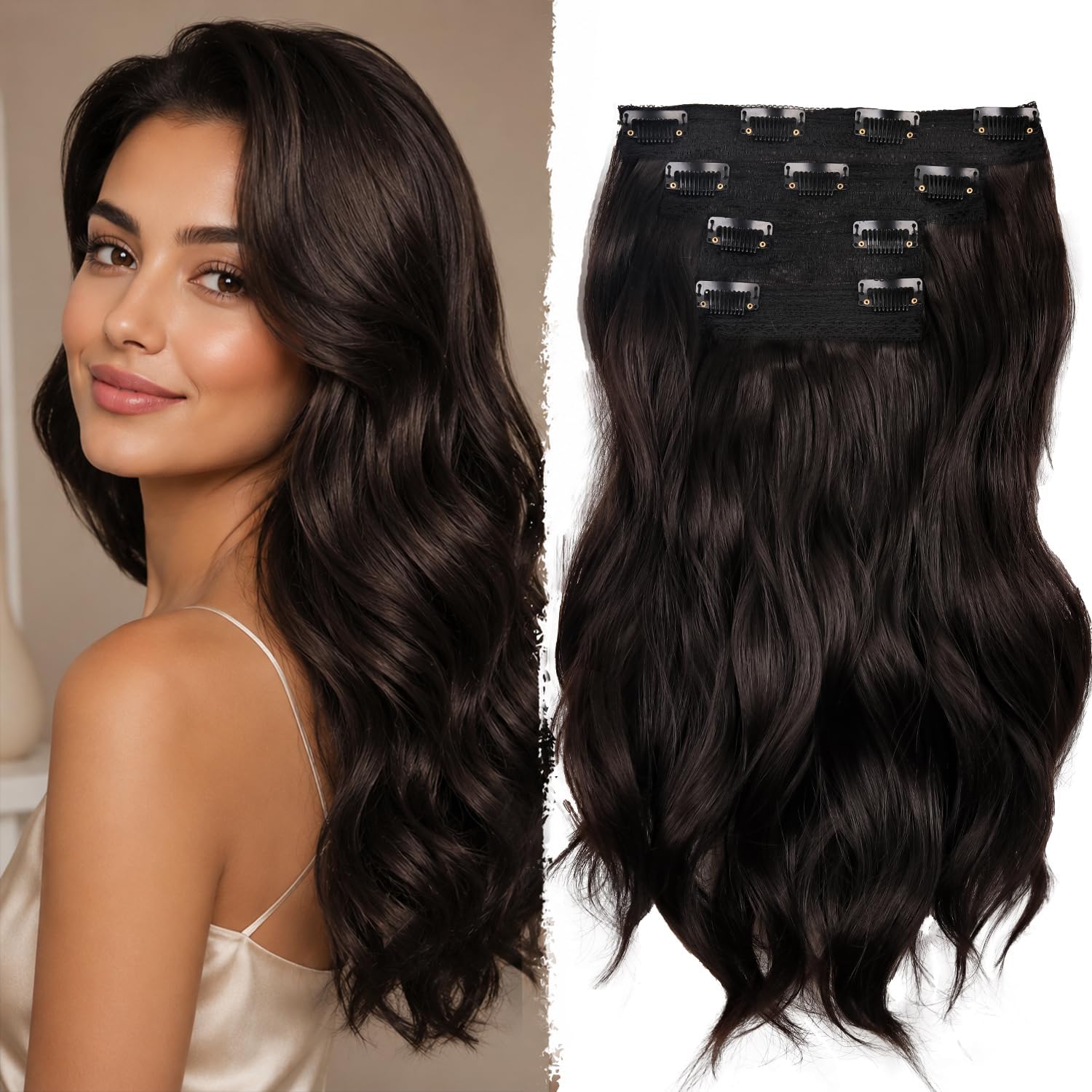 Photo 1 of 14 Inch Brown Hair Extensions - Wavy Synthetic Clip in Hair Extensions For Women And Girls (Color: Dark Brown)