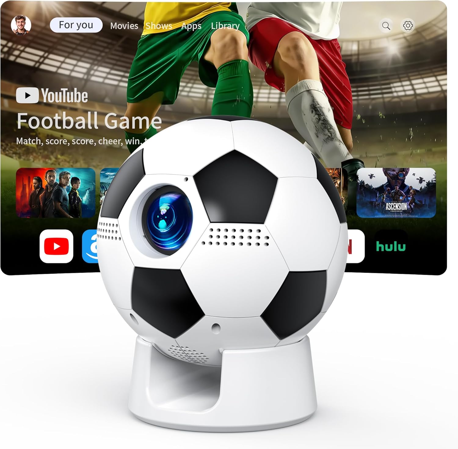 Smart Mini Projector, Android 13 WiFi Bluetooth, Football-Shaped Movie Projector, Electric Focus, Auto Keystone, 1080P Supported, for Bedroom Outdoor, Compatible with Smartphone HDMI USB