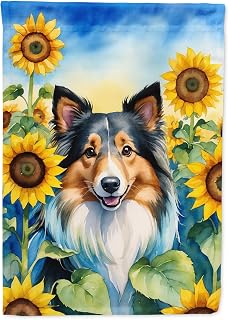 Caroline's Treasures DAC6160CHF Sheltie in Sunflowers House Flag Large Porch Sleeve Pole Decorative Outside Yard Banner Artwork Wall Hanging, Polyester, House Size, Multicolor