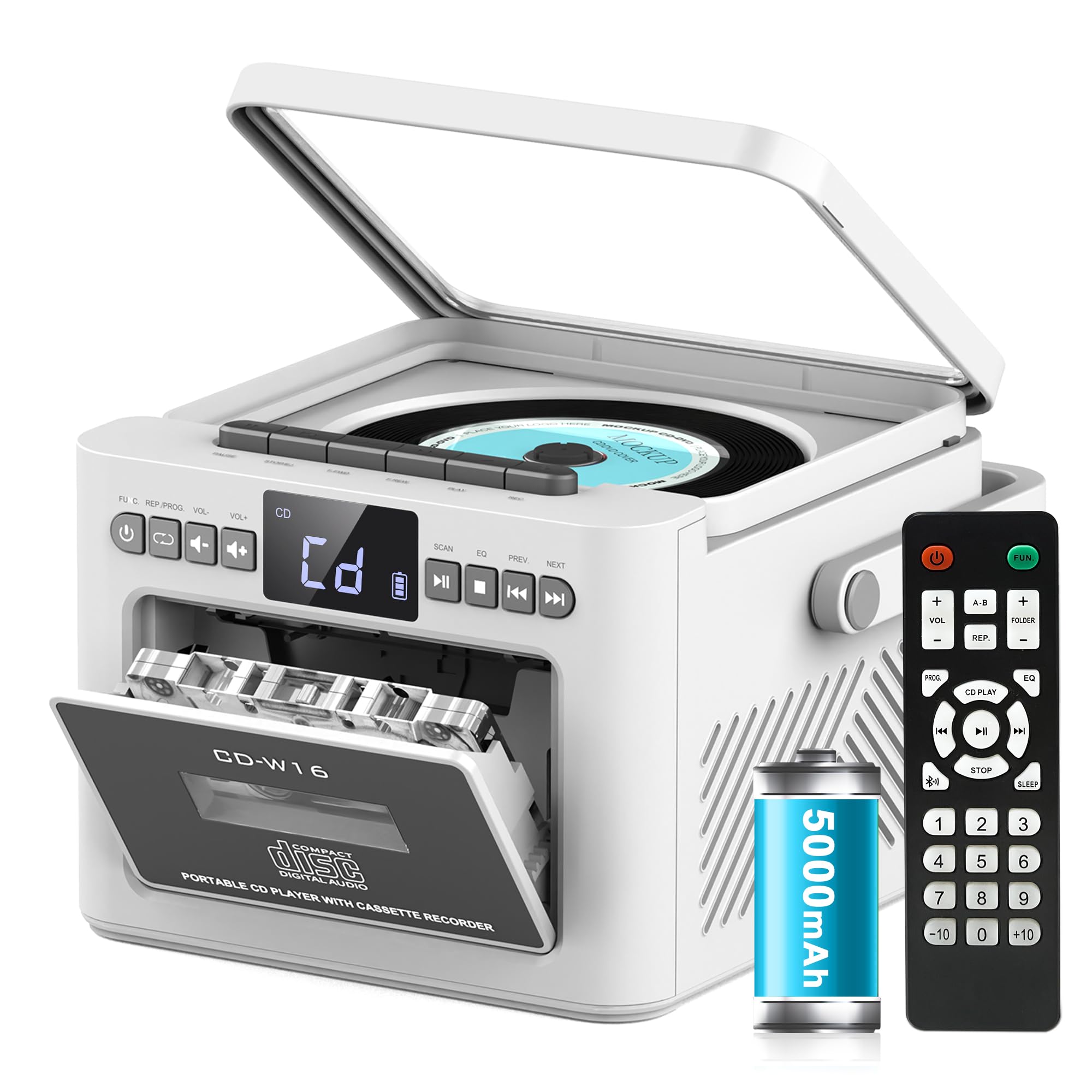 Greadio CD Player Portable, Boombox Cassette Player with FM Radio, Bluetooth 5.1, 5000 mAh Rechargeable Battery, Remote Control, AUX/USB/SD Card-In, 5W Speaker, LED Screen (White) White Modern