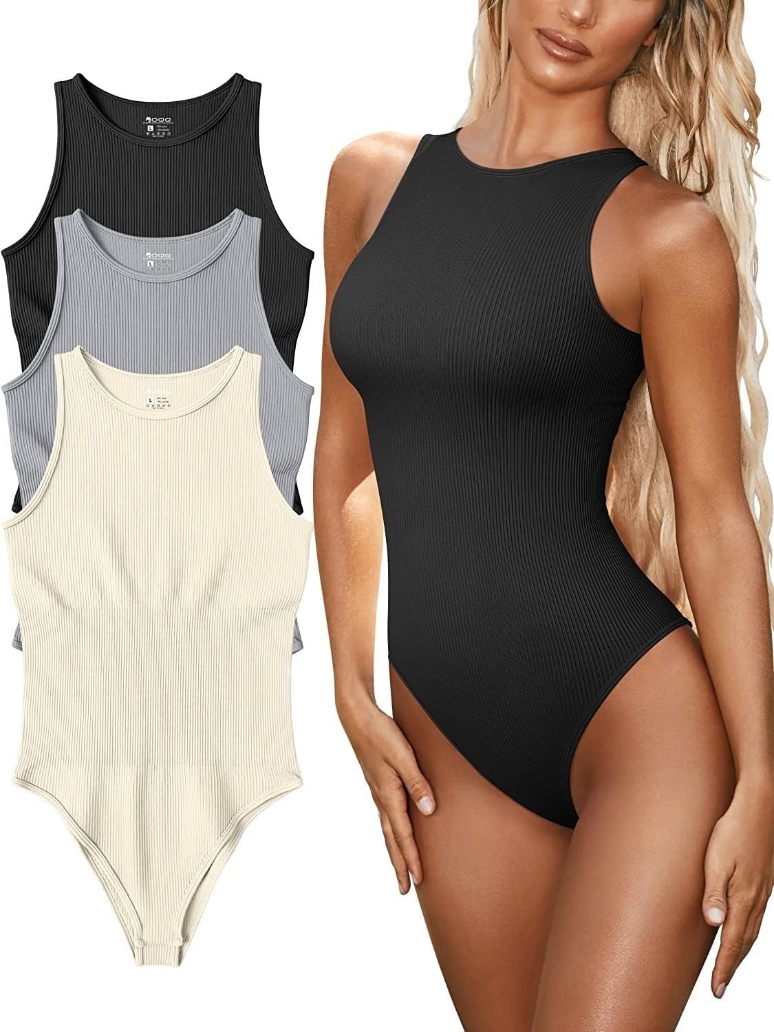 FUNNYBSG Women's Sexy Ribbed Bodysuit Tops - 3 Piece Sleeveless Halter Neck Bodysuits with Tummy Control (Color : Black Grey Beige, Size : M)
