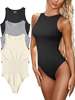FUNNYBSG Women's Sexy Ribbed Bodysuit Tops - 3 Piece Sleeveless Halter Neck Bodysuits with Tummy Control (Color : Black Grey Beige