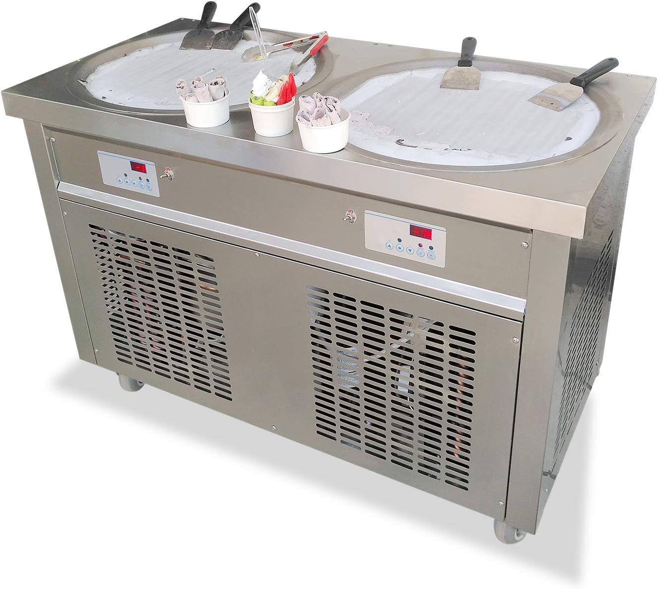 Commercial Certificate 22" Double Round Pans Fried Ice Cream Machine, Gelato Fry Frozen Yogurt Ice Cream Maker, Fry Ice Cream Rolled Machine for Restaurant, Bar, Milktea Shop, Street Snack Food